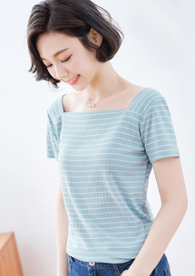 【限時$99】淡雅細織紋方領條紋上衣
