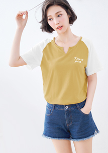 休閒清新小V領配色上衣