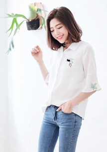 清雅刺繡荷葉袖襯衫