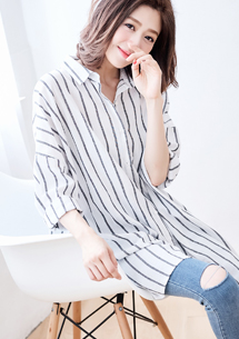 直條紋棉麻襯衫外套