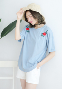玫瑰刺繡反折袖上衣