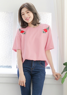 玫瑰刺繡反折袖上衣
