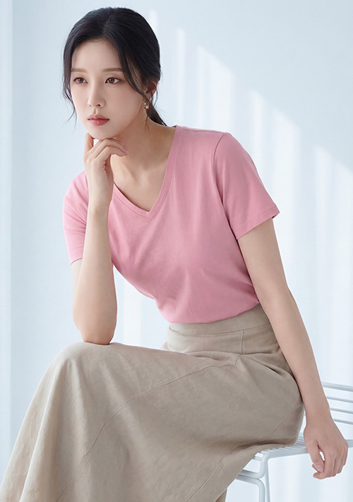 V領短袖純棉長版上衣