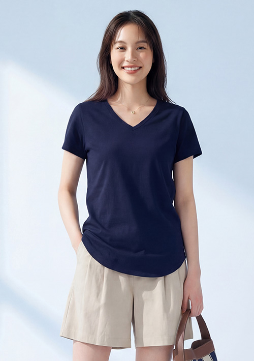 V領短袖純棉長版上衣