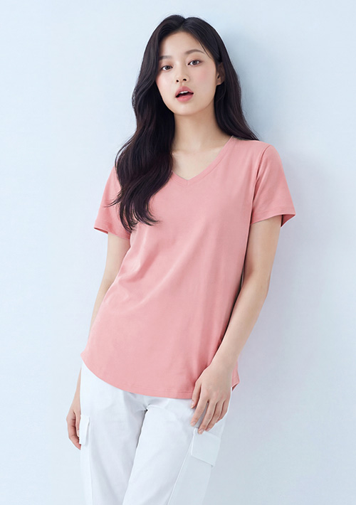 V領短袖純棉長版上衣