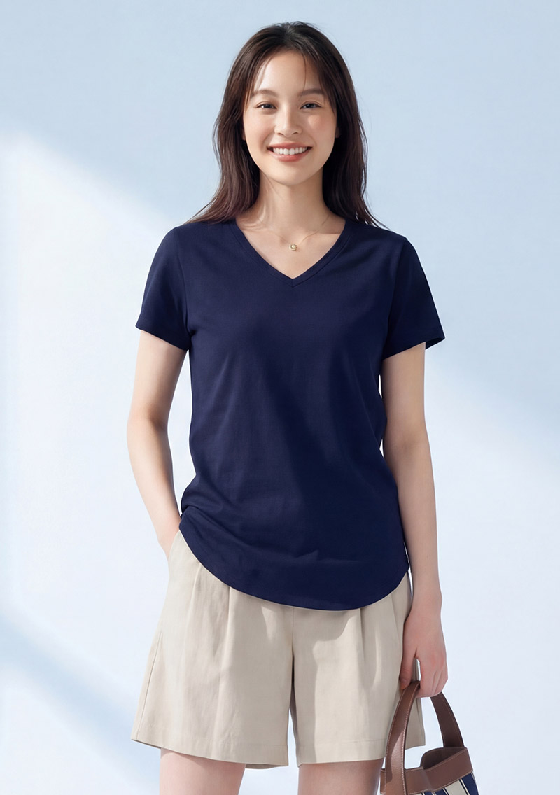 V領短袖純棉長版上衣