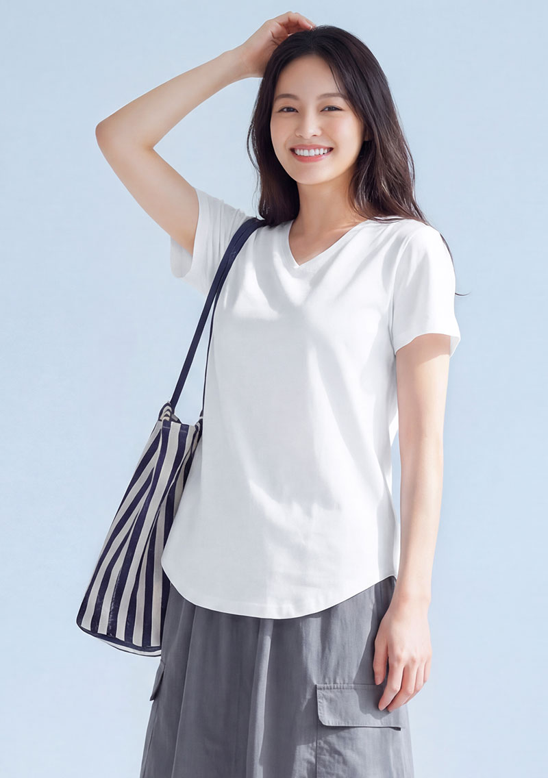 V領短袖純棉長版上衣