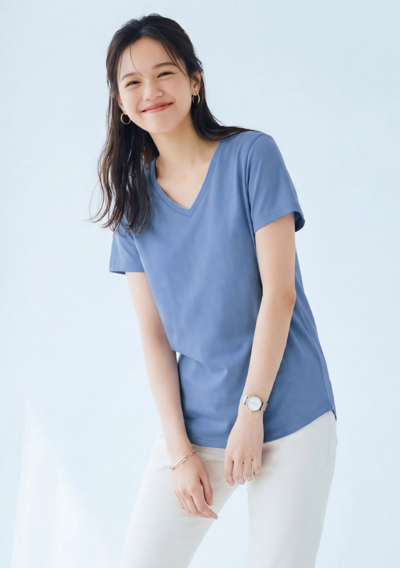 V領短袖純棉長版上衣