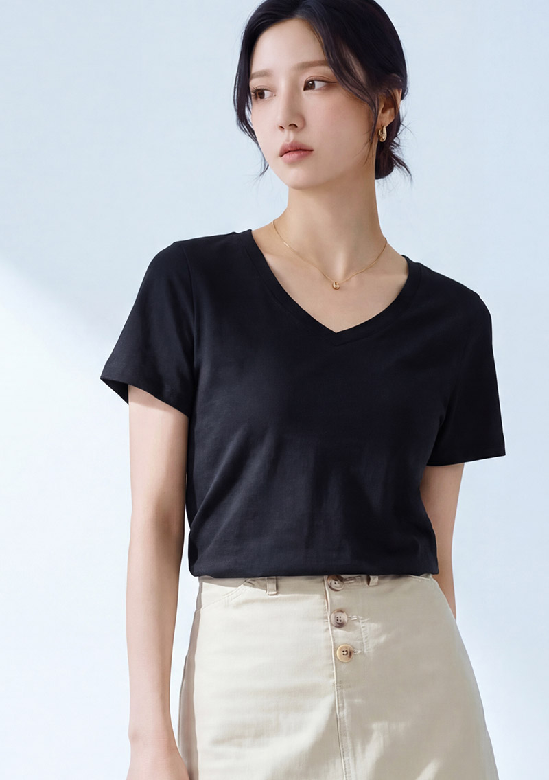 V領短袖純棉長版上衣