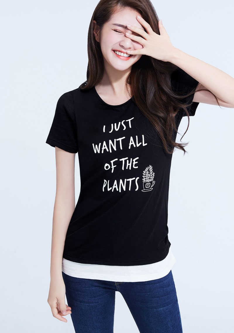 植物文字假兩件竹節棉印花T恤