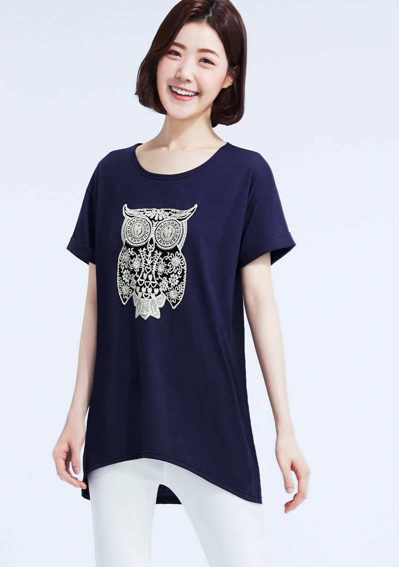 貓頭鷹刺繡純棉寬版T恤