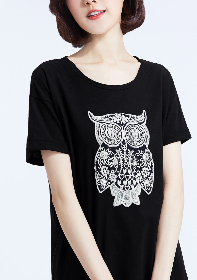 貓頭鷹刺繡純棉寬版T恤