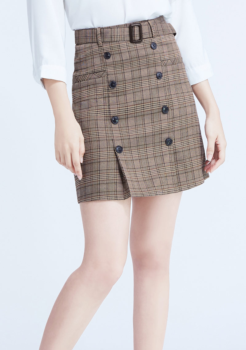格紋排釦短裙-附腰帶