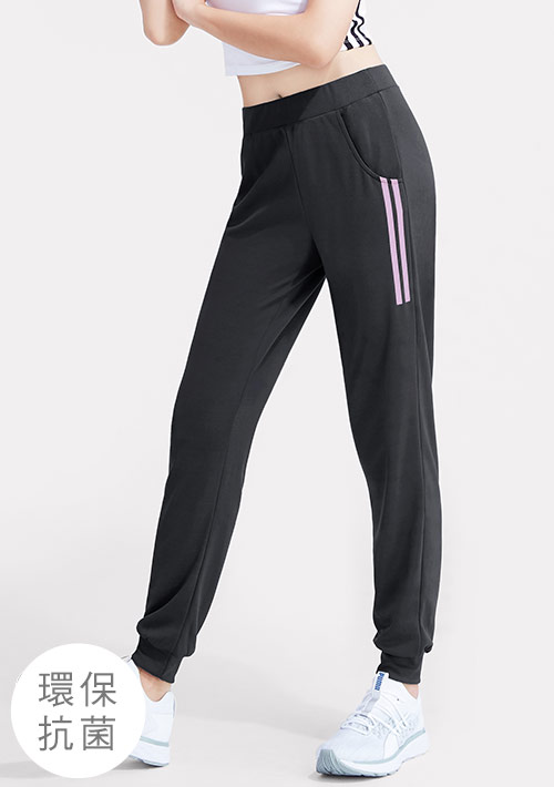 舒適.MIT永續環保材質-抗UV吸排抗菌側條紋印花束口長褲