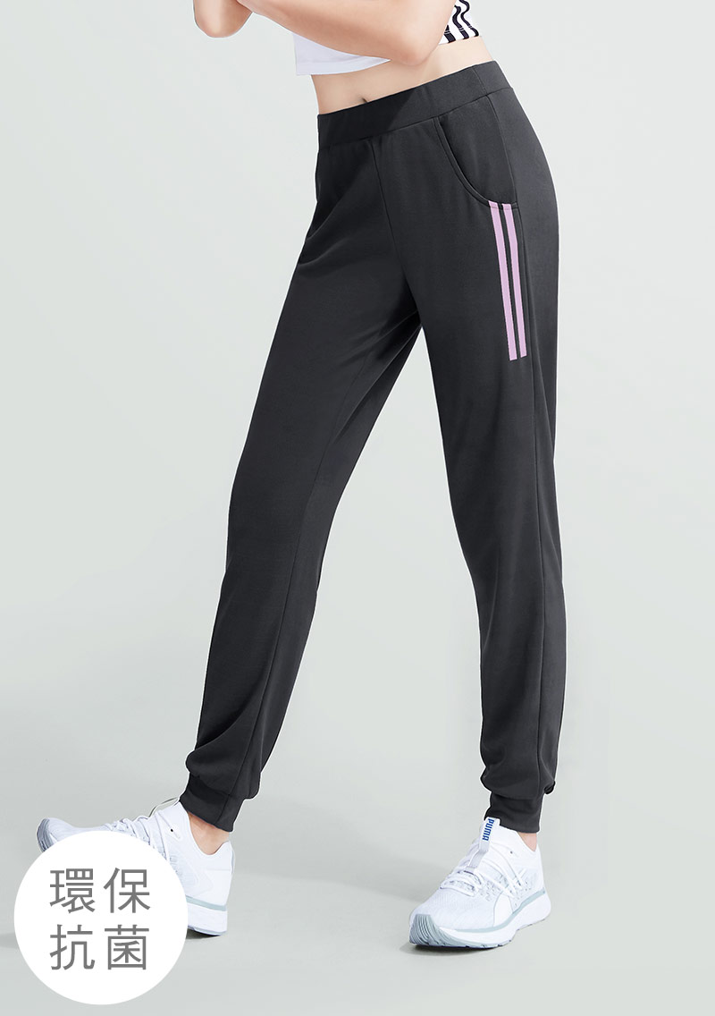 舒適.MIT永續環保材質-抗UV吸排抗菌側條紋印花束口長褲