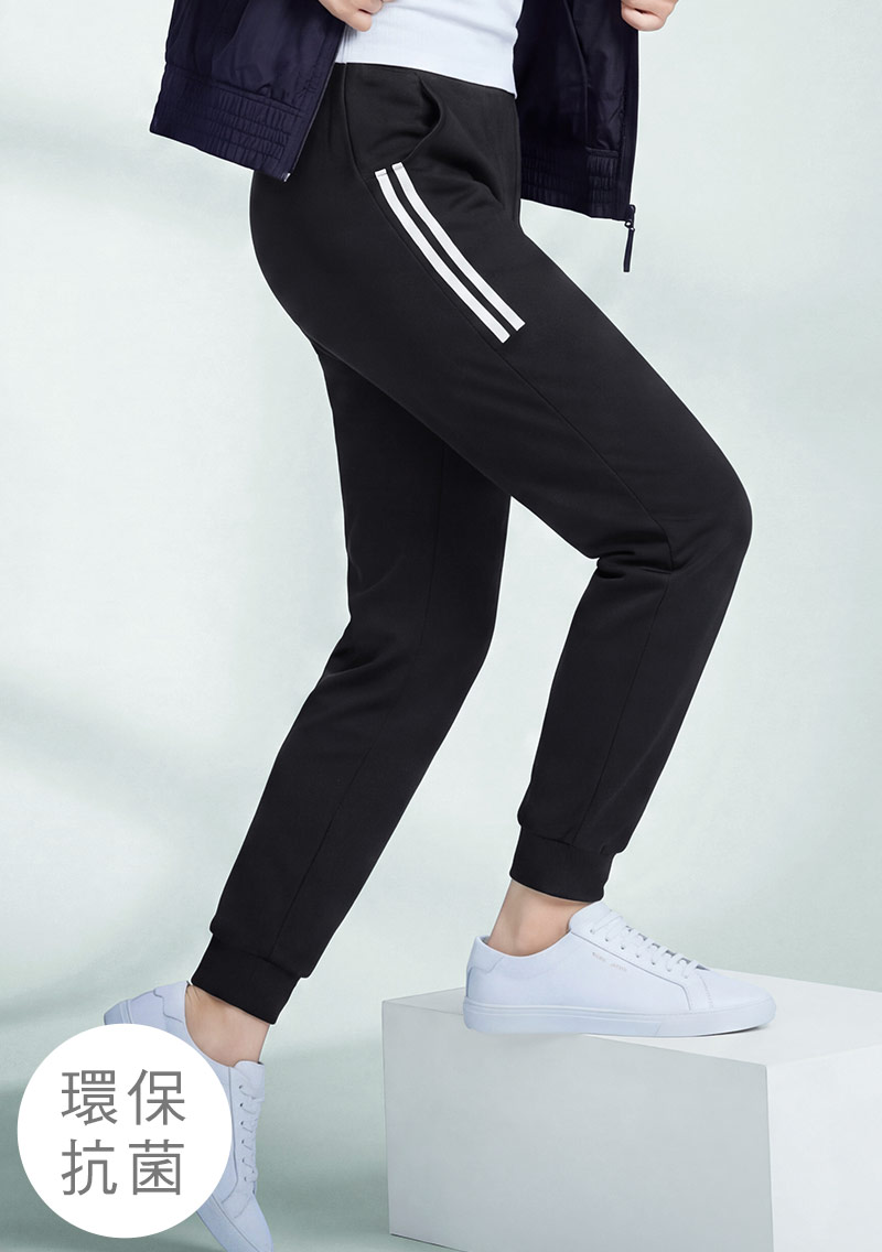 舒適.MIT永續環保材質-抗UV吸排抗菌側條紋印花束口長褲