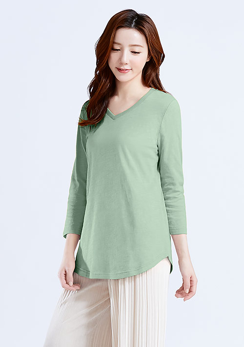 V領七分袖竹節棉上衣