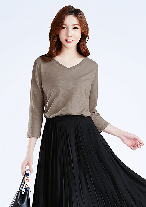 V領七分袖竹節棉上衣