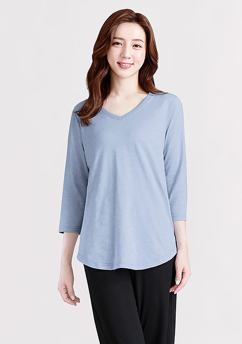 V領七分袖竹節棉上衣