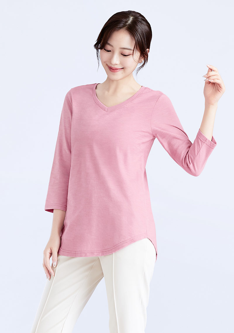 V領七分袖竹節棉上衣