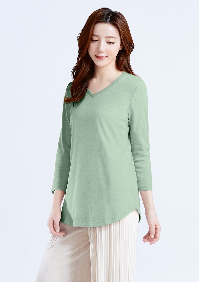 V領七分袖竹節棉上衣