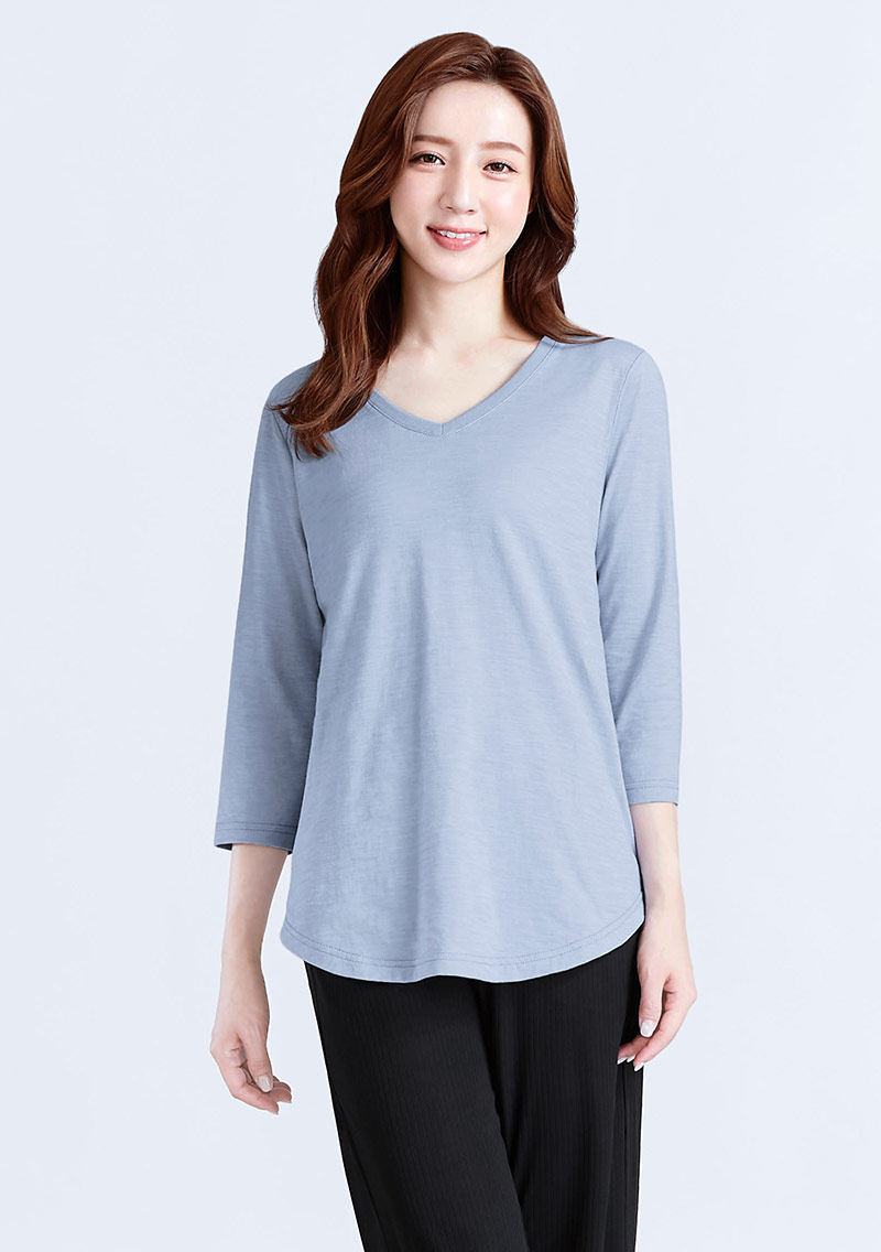 V領七分袖竹節棉上衣