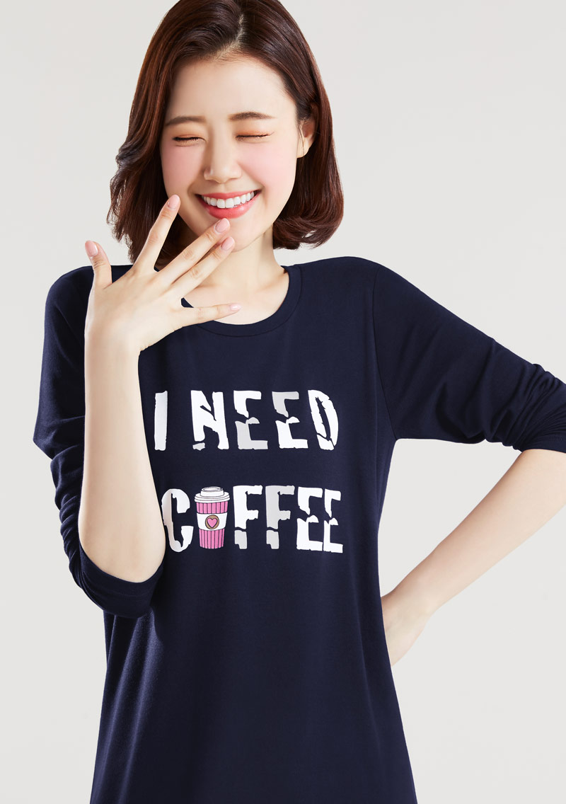 咖啡印花特級四面彈性寬鬆長版衫