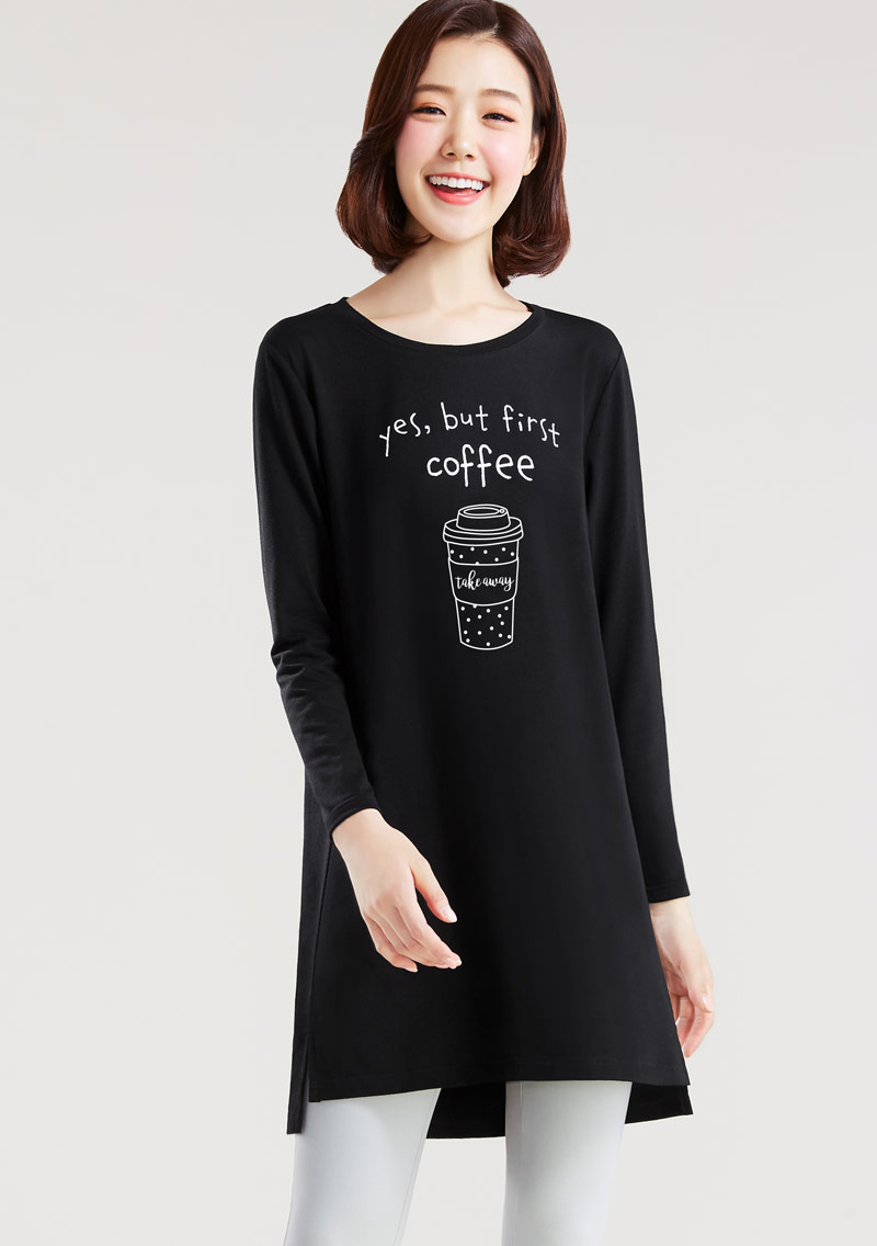 咖啡印花特級四面彈性寬鬆長版衫