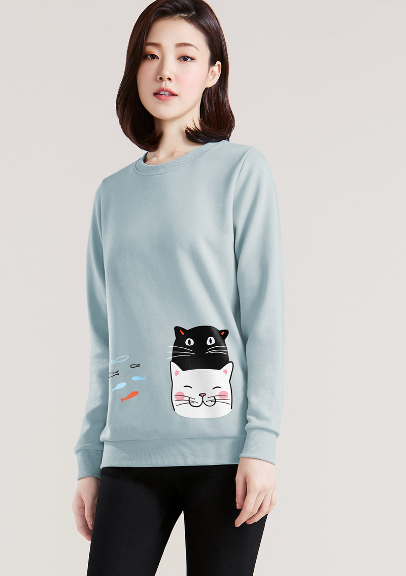貓和魚印花刷毛T恤