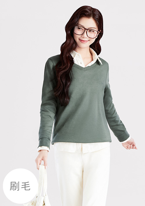 【限時$349】保暖.MIT永續環保材質-V領刷毛大學T