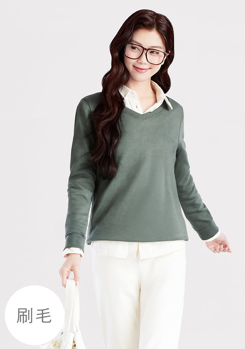 【限時$349】保暖.MIT永續環保材質-V領刷毛大學T