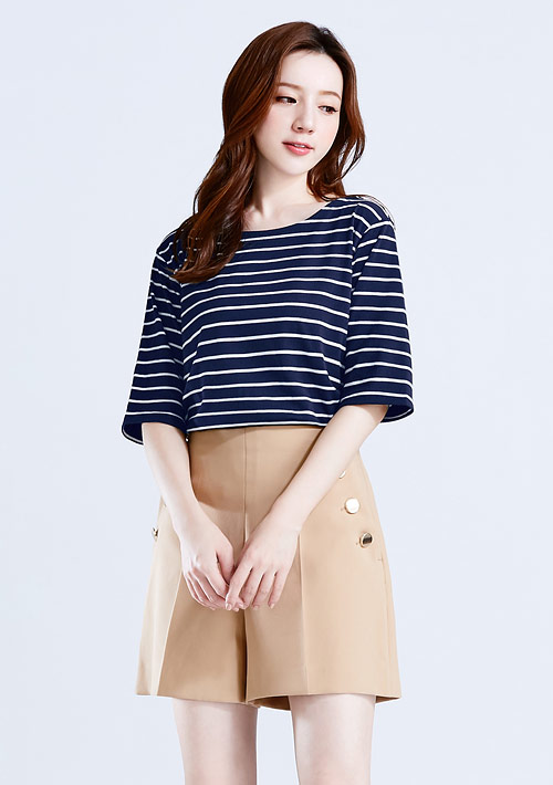 特級四面彈性條紋五分袖上衣