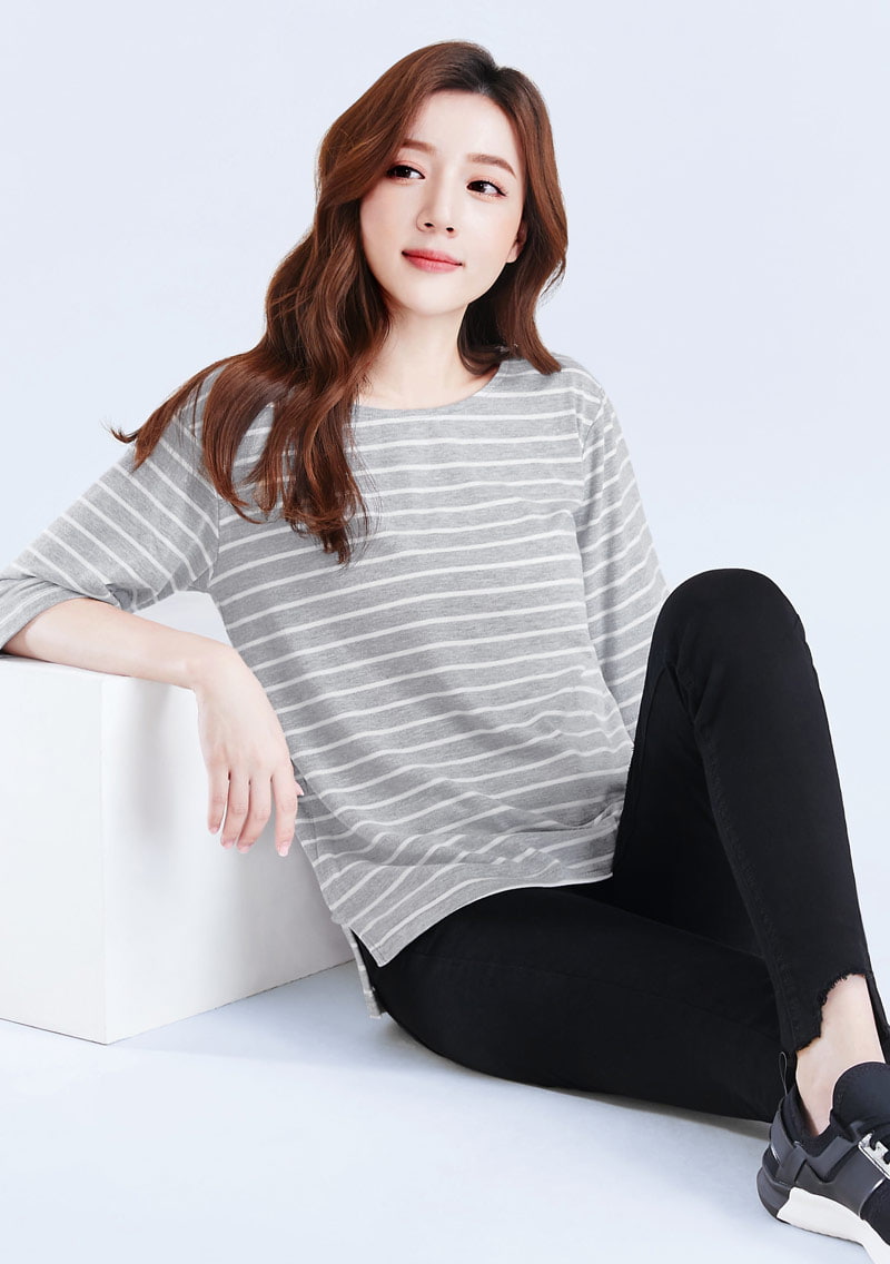 特級四面彈性條紋五分袖上衣