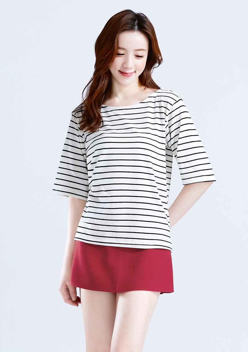 特級四面彈性條紋五分袖上衣