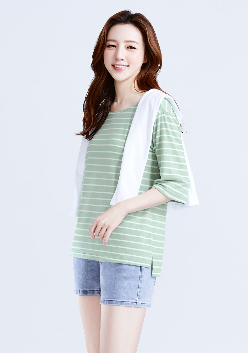 特級四面彈性條紋五分袖上衣