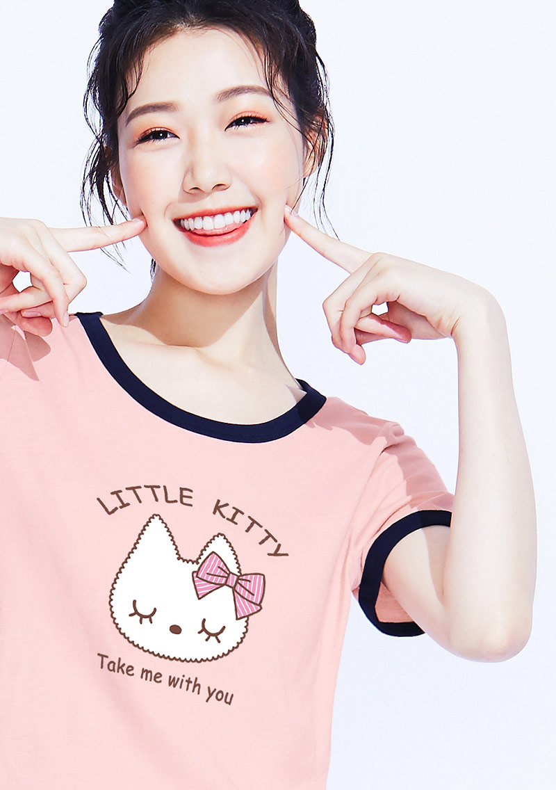貓咪羅紋配色純棉印花T恤