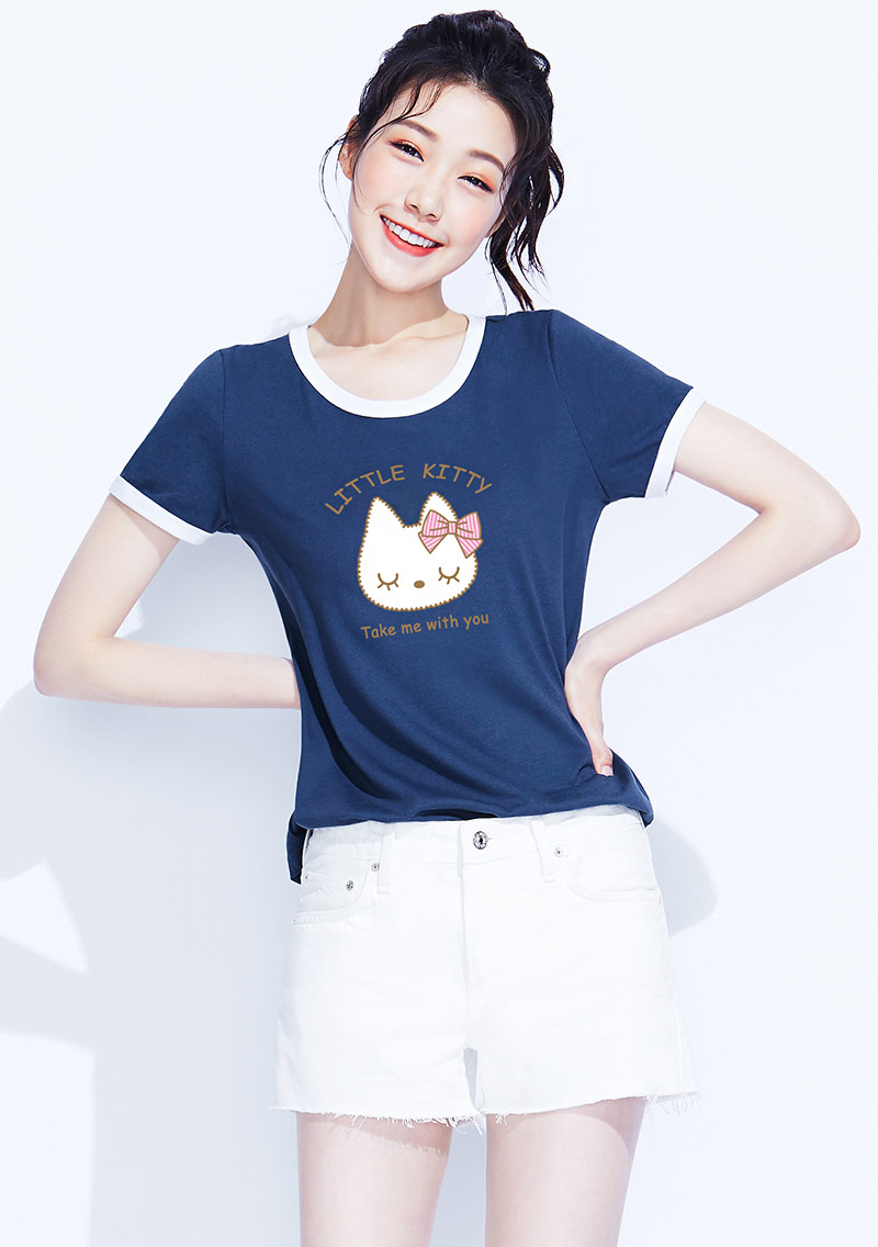 貓咪羅紋配色純棉印花T恤