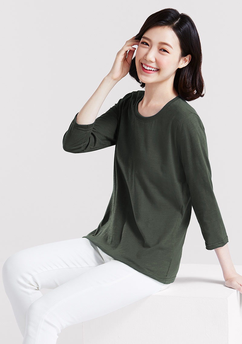 圓領七分袖竹節棉上衣