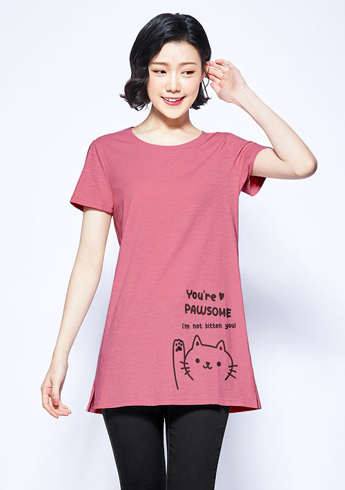 可愛貓咪竹節棉長版印花T恤