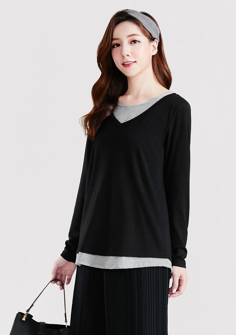 特級四面彈性假兩件長袖上衣|女裝 WOMEN|衣芙 EFShop